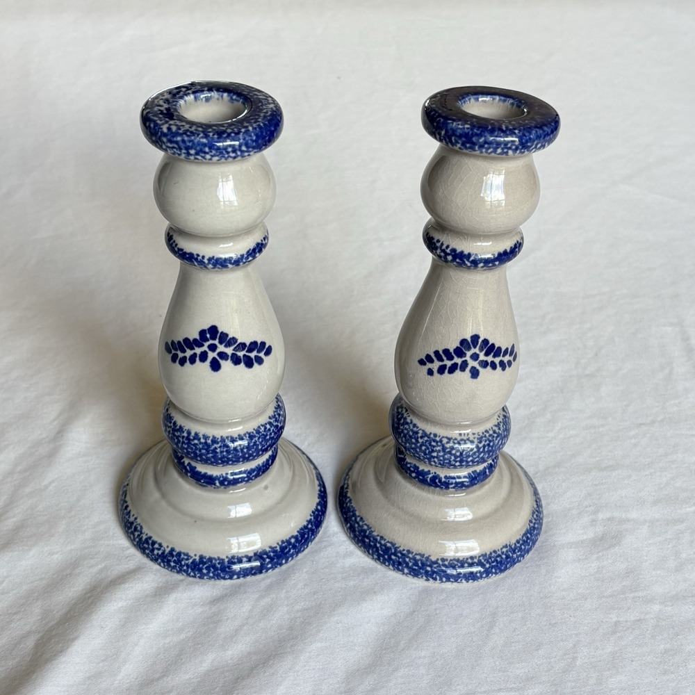 Vintage Stoneware Glazed Pottery‎ Candlestick Holder Country Cottage Set Of  2